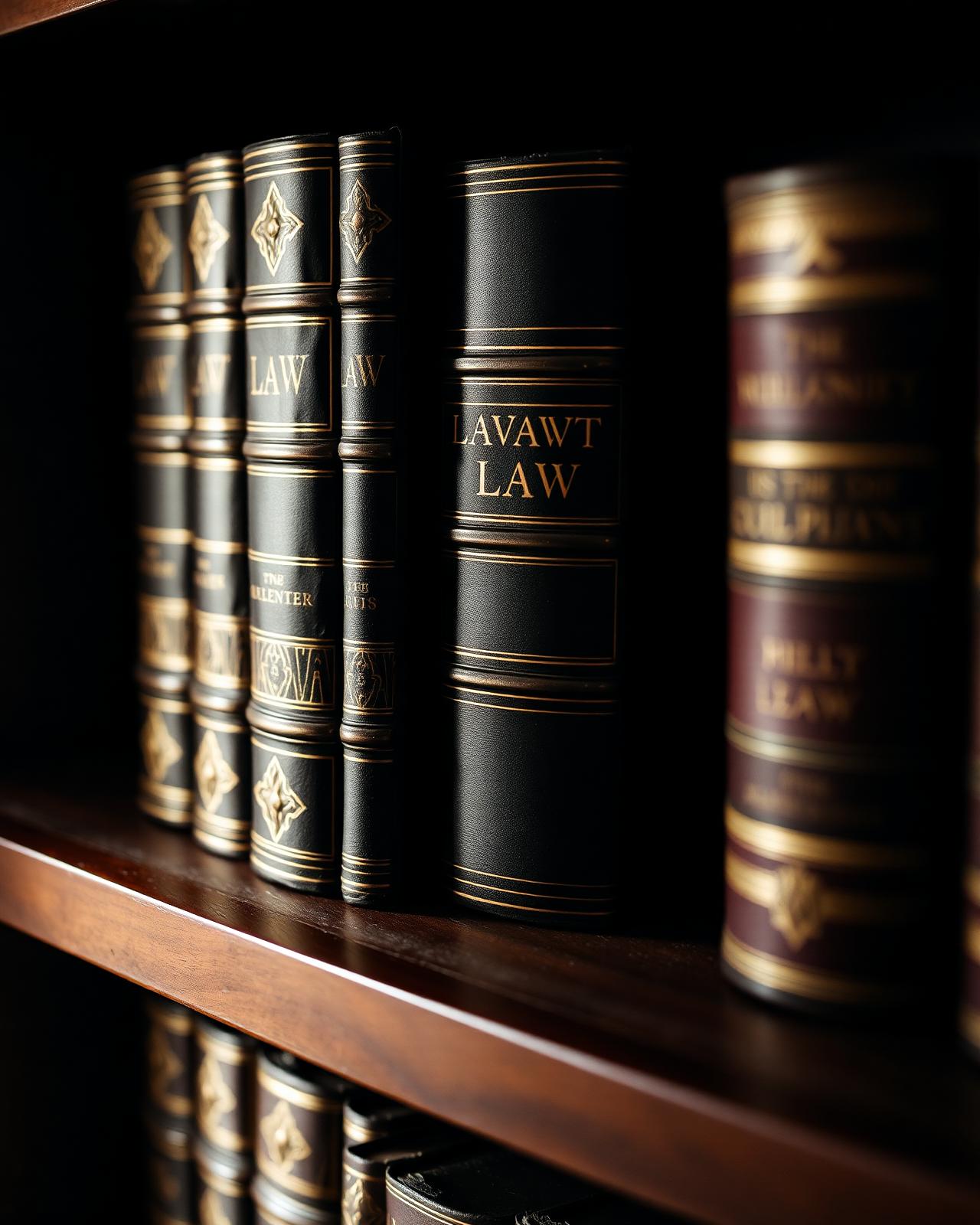 Antique leather-bound law books on a walnut shelf
